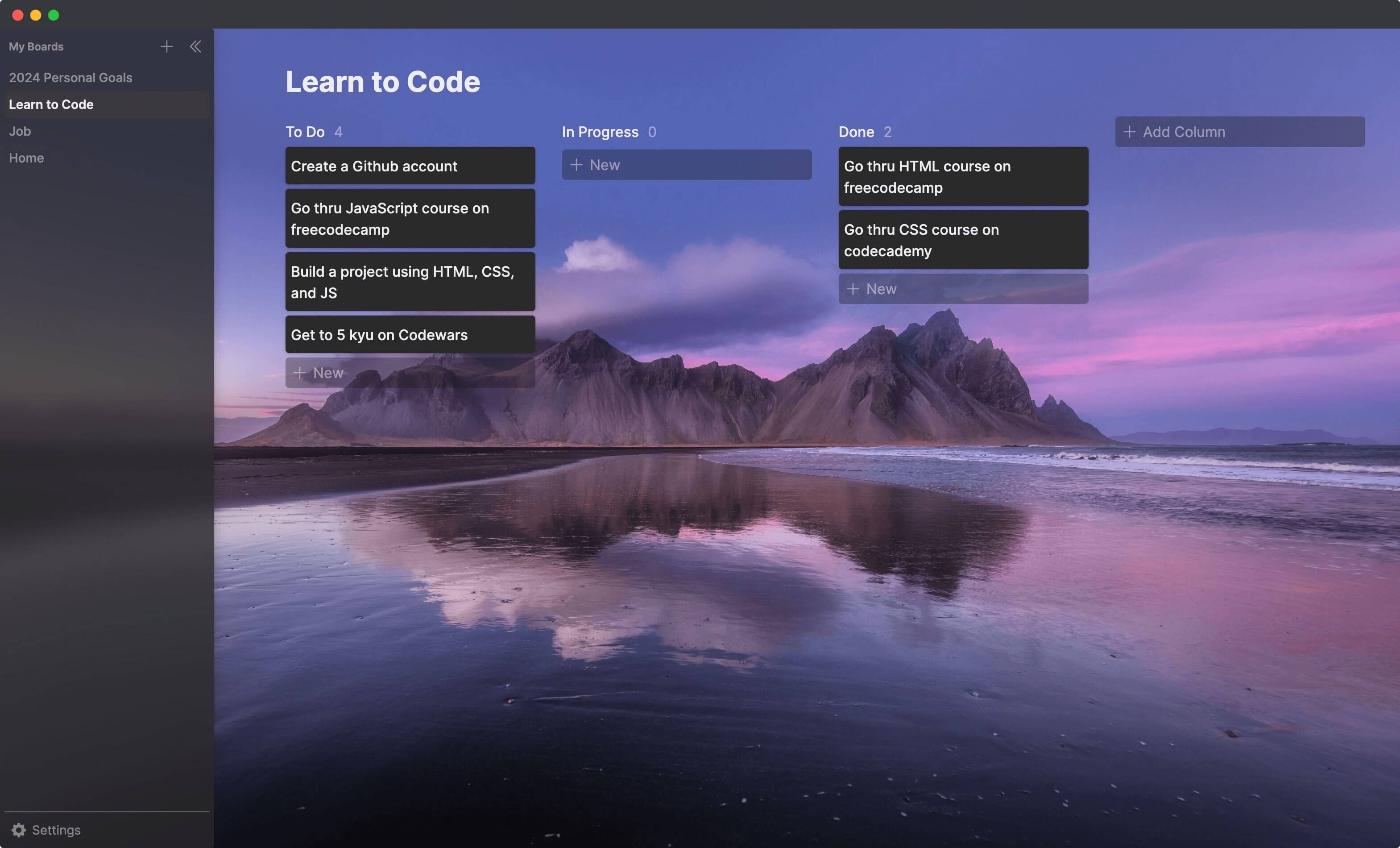 screenshot of Personal Kanban showing a board titled Learn to Code